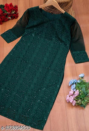 Women's Latest Georgette Chikankari Kurti With Sequince And Embroidered Work Kurta / Straight Plus Size Kurti /Green Kurti For Women and Girls / Daily Wear Kurti / Office Wear Kurti