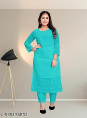 Women Georgatte Chikankari Straight Kurta