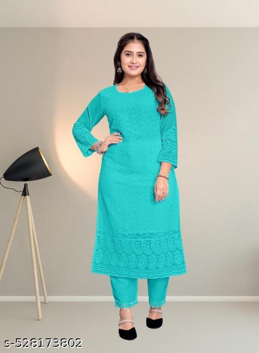 Women Georgatte Chikankari Straight Kurta