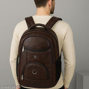 Brown Vegan Leather Laptop Backpack 15.6 Inch for Men & Women Office College Travel Bag 30L
