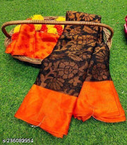 Chiffon Brasso Floral Brown and Orange Color Saree with Contast Color Unstitched Blouse piece