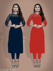 Casual American Crepe And Rasal Net Round Neck 3/4 Sleeves Stylish Pack Of 2 Kurtis For Womans (45"Inches)