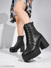 KLIEV PARIS | Women's Black Lace-Up Ankle Length Block Heel Boots | Side Zipper Chunky Platform Boots with Triple Ankle Buckle Straps for Girls