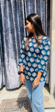 Teal Blue Short Kurti For Women and Girls, Handblock Printed Kurti