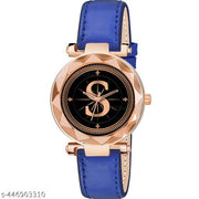 Skoal Analog Round Black Dial ALPHABET S Design Stylish Blue Leather Strap Classic Design Fancy Wrist Watch for Women and Girls, Pack of 1 - ALPHA-S-GEN-RG-BLU-L