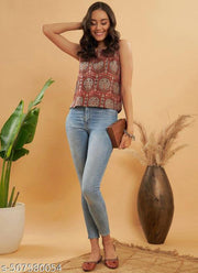 GT-01-WOMEN'S BAGRU HAND BLOCK PRINTED MARHOON TOP ONLY (PRINT NO-1)