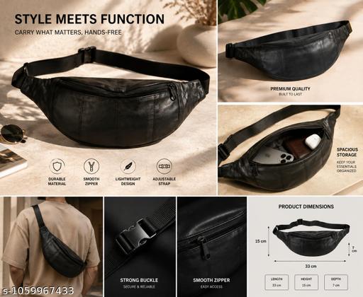 Stylish Black Faux Leather Waist Bag / Crossbody Sling Bag