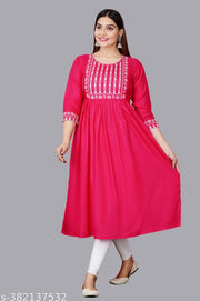 Trendy Stylish Gaither Anarkali Kurta with Three-Quarter Sleeves, Pink | Kurta | Women Kurta | Suit | Girls Kurti | Traditional Kurti | Pink Anarkali Kurta | Anarkali Kurta | Designer Anarkali Kurta |