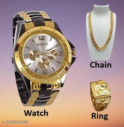 Trendy Rosra Gold Black Formal Watch For Men's Ring +Chain Free (GOLDEN RING+ CHAIN)