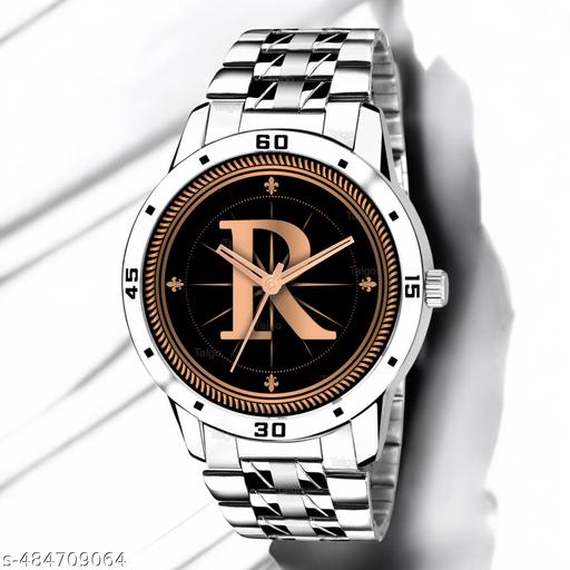 Talgo Analog Round Black Dial ALPHABET R Design Stylish Silver Stainless Steel Strap Classic Design Fancy Wrist Watch for Men and Boys, Pack of 1 - ALP-R-AVO-SIL-STL
