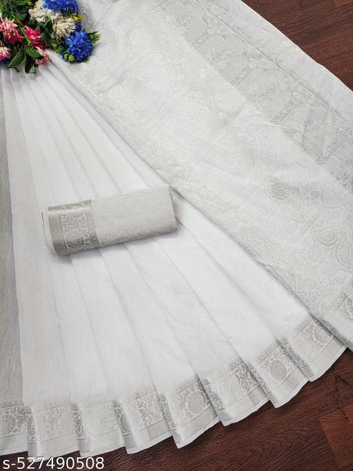Top trending latest simple plain party wear / wedding Women's Jacquard Rapier Weaving White Cotton Silk Saree with Silver Zari Border & Rich Pallu | Premium Traditional Festive Wear Saree