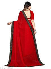 Rovilo Fashion Women's Georgette Hot-Fix Daimod Woven Party Wedding Saree Red Color