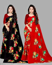 Combo Floral Sarees, Set of 2, Georgette Printed Sarees With Blouse Piece