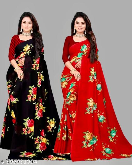 Combo Floral Sarees, Set of 2, Georgette Printed Sarees With Blouse Piece