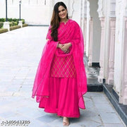 Eshanay Fashion Women's Beautiful Rayon Printed Round Neck Kurta And Sharara With Net Dupatta Set