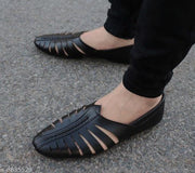 Black Men's Laser Cut Fally Ethnic Criss Cross Slip On Juttis and Mojaris for Wedding|Party|Occasions|Fashion|Stylish|Outdoor|Indoor|Lightweight|Shoes with Anti Skid Sole