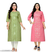 Cotton Blend Round Neck Embroidered Straight Kurta For women (Green,Pink) |Kurtas| (Pack of 2)
