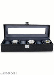 WatchBox Holder Case in 6 slots  Black Rexine & Black velvet (Black, case 6 Watches)