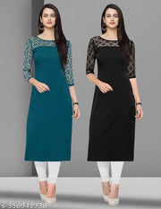 Pack of 1 Casual American Crepe And Net Round-Neck 3/4 Length Sleeves Rama & Black Kurti (42"Inches)