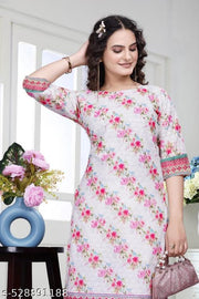 Women’s Floral Printed Straight Kurti | 3/4 Sleeve Ethnic Kurta | Round Neck Stylish Kurti | Casual, Office Wear, Daily Wear & Festive Outfit