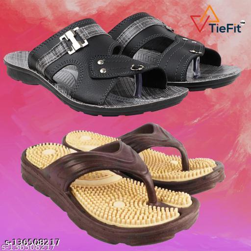 TieFit Men's Accupressure Non-Slip Slippers & TieFit Men's Thong Slipper Combo Pair Of 2