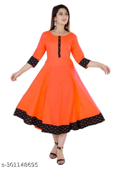HF HOLYDAY FASHION Cotton Plain and Solid Printed Black Border Anarkali Style Kurti Kurta For Women Latest Design Ladies Dresses Top Round Neck Flared Stylish Party Wear Readymade Frock Fancy Girls Dress 3/4 Sleeve Knee Length Casual Kurtis