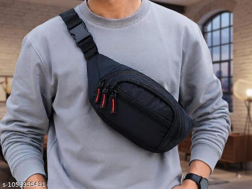 Trendy Black Travel Waist Pouch for Men | Multi-Compartment Sports & Hiking Crossbody Bag