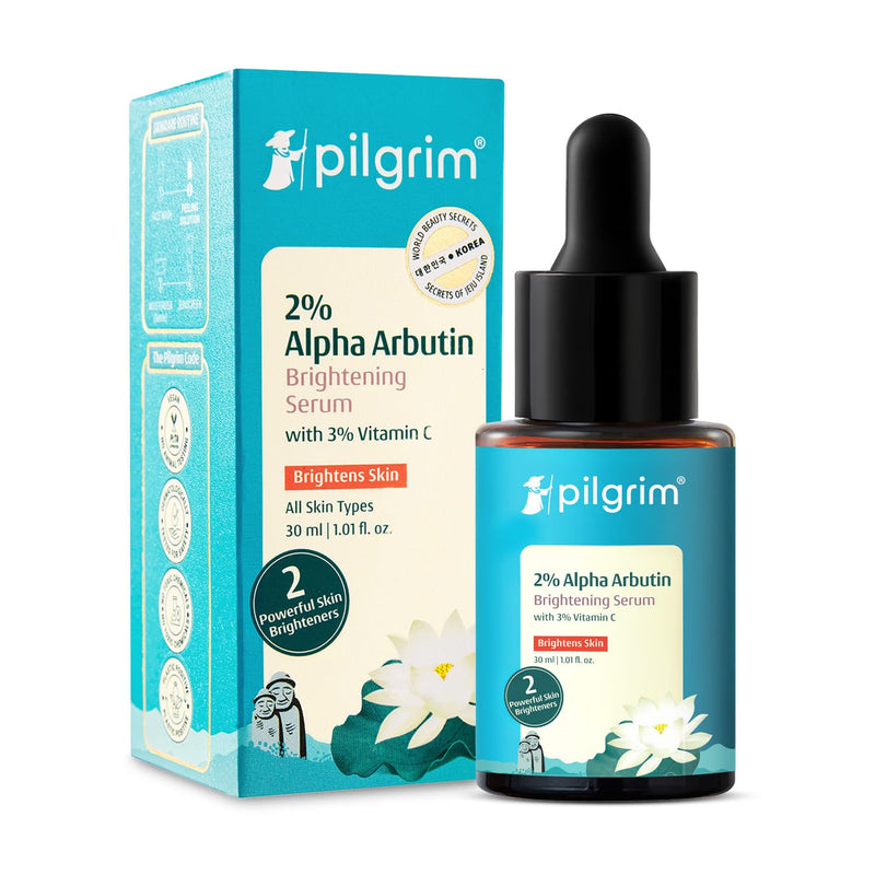 PILGRIM Korean 2% Alpha Arbutin & 3% Vitamin C Brightening Face Serum for glowing skin| Alpha arbutin face serum|All skin types | Men & Women| Korean Skin Care| Vegan & Cruelty-free |