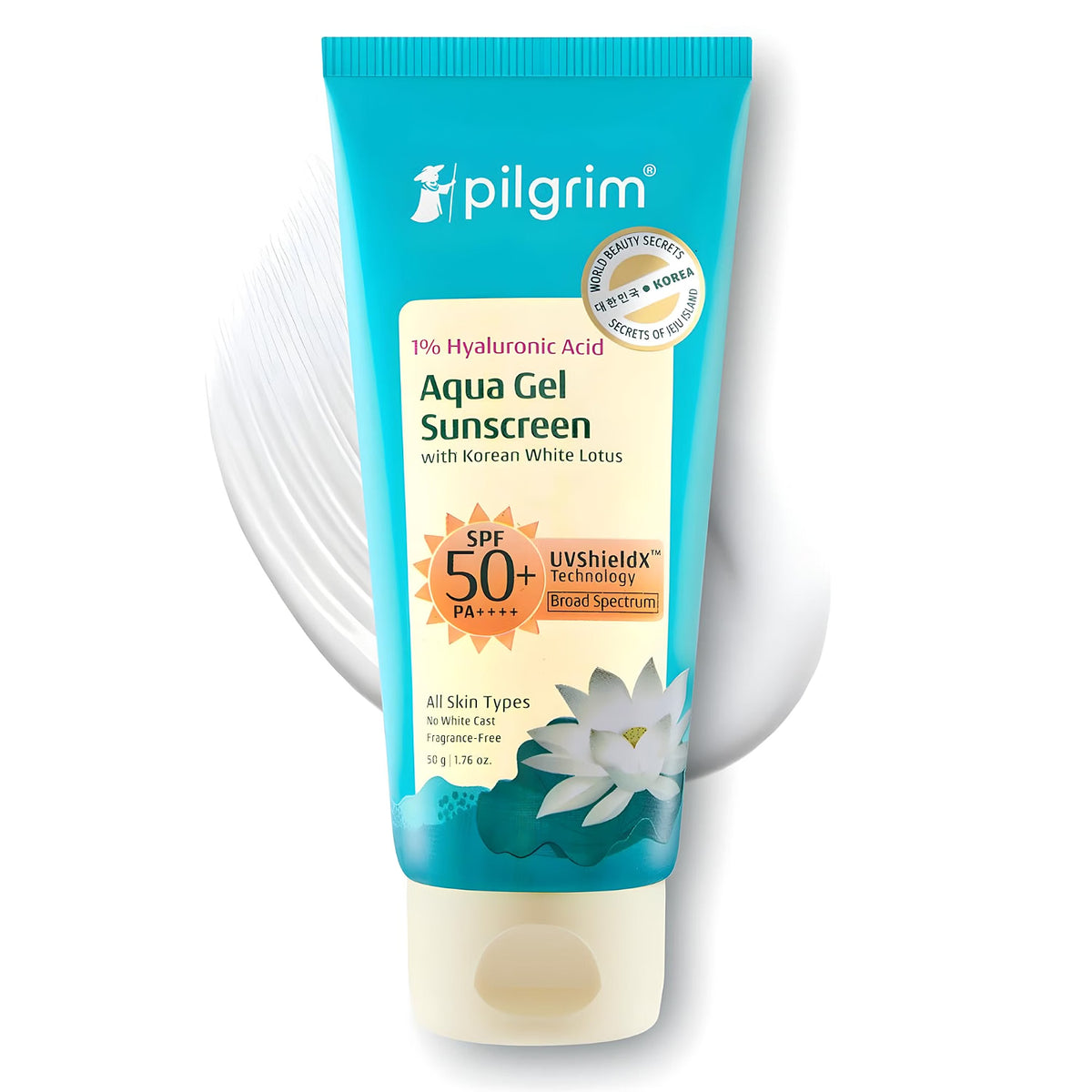 Pilgrim 1% Hyaluronic Acid Sunscreen Gel | Sunscreen SPF 50 +++ for men and women with Korean White Lotus | Broad spectrum, Non-greasy, No white cast & Prevents Tanning | All skin types |