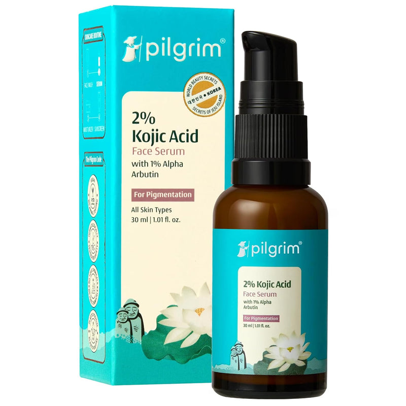 Pilgrim 2% Kojic Acid Serum for face (30 ml) with 1% Alpha Arbutin & Korean White Lotus For Acne & Darks spots| Anti-pigmentation Face Serum For Men & Women |