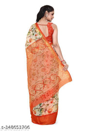 White Tusser Floral PolyCotton Saree for Women | Bright Color Semi-Transparent Daily Wear Sadi with Unstitched Blouse | Lightweight Saree Gift for Ladies