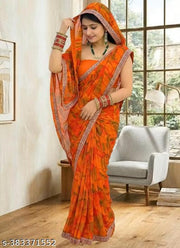 Orange Saree with Lace Border, Comfortable Georgette Printed Daily Wear Saree with unstitched Blouse Piece, New Arrival Latest saree, Trending Saree