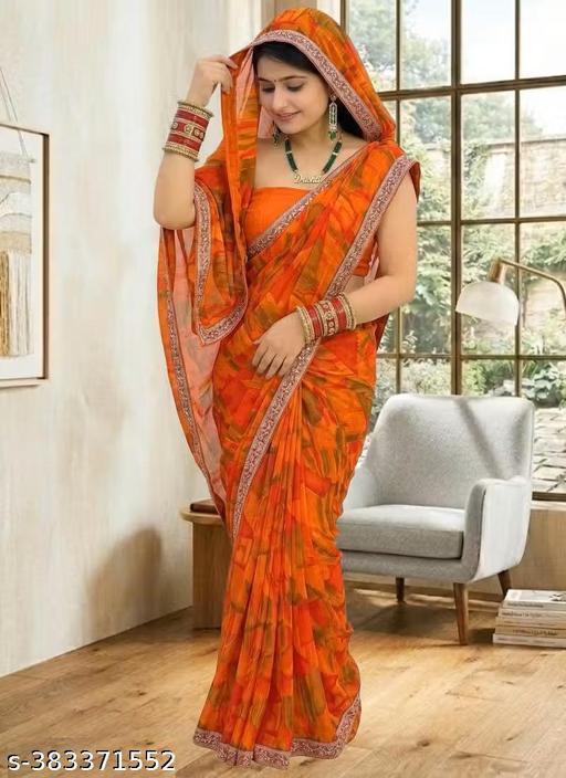Orange Saree with Lace Border, Comfortable Georgette Printed Daily Wear Saree with unstitched Blouse Piece, New Arrival Latest saree, Trending Saree