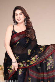 Women's Chiffon Saree with Floral Print and Designer Border