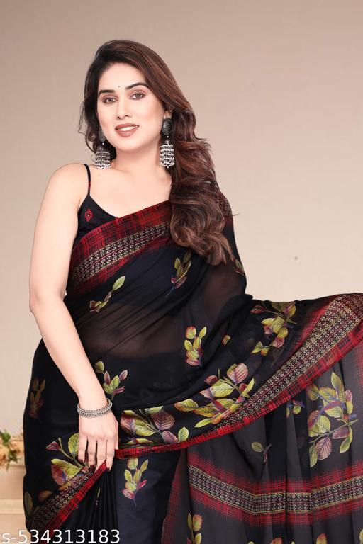Women's Chiffon Saree with Floral Print and Designer Border