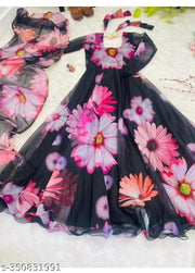The beautiful printed delta fabric gown with dupatta for women. Women can buy this gown set to wear for their upcoming functions, reception, occasions and daily life. Team it with ethnic eccessories to make your look more beautiful.