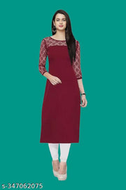 Casual American Crepe And Net Round-Neck 3/4 Length Sleeves Maroon Kurti (45"Inches)