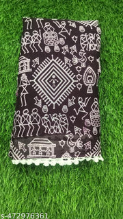 Gullak New Printed Georgette Saree with  Warli Print and Pom -Pom border