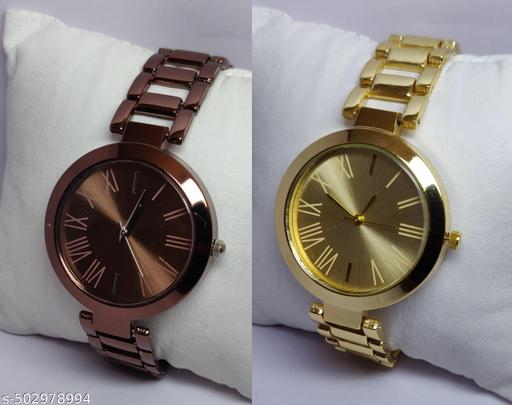 New Arrivals Festive Seasonal Stylish Throns Fit Round Ad Solid Gold Dial Metal Chain Belt Analog Watch with Attractive Diamond Studded Bracelet Combo for Women & Girls.