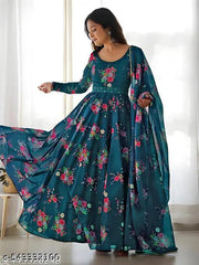 Ledies Stylish Fancy Trendy Printed Poly Georgette Maxi Flared Gown For Women For Party Wedding Festival Functions very comfortable