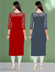 Polyster/Crepe fabric-Pack of 1 Casual And Round-Neck 3/4 Length Sleeves Red & Grey Kurti (42"Inches)