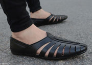 Black Men's Laser Cut Fally Ethnic Criss Cross Slip On Juttis and Mojaris for Wedding|Party|Occasions|Fashion|Stylish|Outdoor|Indoor|Lightweight|Shoes with Anti Skid Sole