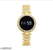 AMIGOS- Women's Round Luxury Crystal Rhinestone Diamond Stainless Steel Iced Out digital Watch with Japan Quartz Movement (Gold)