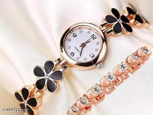 Black & Gold Women Watch For Classy Watch, Unique Watch, Analog Watch Steel Belt Watch, Party Wear Watch, Wedding Watch, (1 Free Rose Gold Bracelet)