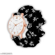 Scrunchie Bands Watch for Women & Girls Scrunchies Watch Classic Flower Dial & Unique Scrunchies Watches Strap Cloth Soft Pattern Solid Fabric Wristband Watch Combo Pack of 2