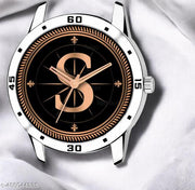 Welix Analog Round Black Dial ALPHABET S Design Stylish Silver Stainless Steel Strap Classic Design Fancy Wrist Watch for Men and Boys, Pack of 1 - ALPHA-S-AVO-SIL-STL
