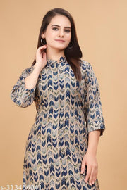 Womens Muslin 3/4 Sleeve Round Neck Calf Length Printed Kurti