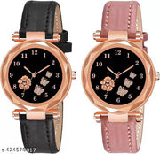 New Latest Designer Printed Dial Black and Red Leather Strap For Girls
