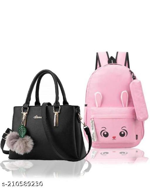 KGN DESIGN Combo Pack Medium Size Fashion Backpack for Girls | Best Gifts for Girls | College Bag for Girls & Women's PU leather handbags, shoulder bag purse with long strap combo 2 pack
