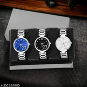 TRENDING MULTI-COLOR (BLACK, BLUE, SILVER,) DIAL ANALOG SILVER STAINLESS STEEL STRAP 3 COMBO WATCH ,